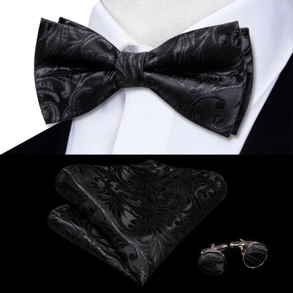 Hi-Tie Mens Bow Tie Hanky Cufflinks Set White Black Gray Silver Pre-tied Butterfly Knot Bowtie for Male Wedding silk Business