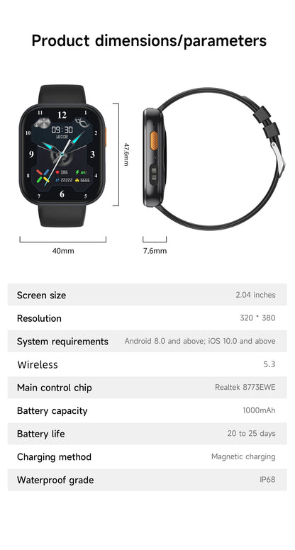 LIGE AMOLED Smart Watch Men 2.04 Screen Bluetooth Call Health Monitor IP68 Waterproof Sport Women Smartwatch New For Android IOS