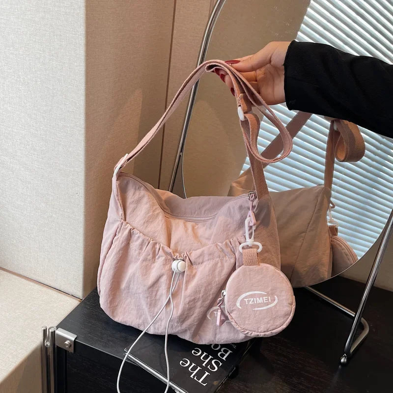 Chic Nylon Crossbody Bag Casual Drawstring Messenger Bag with Detachable Pouch, Adjustable Strap Shoulder Purse for Daily Travel