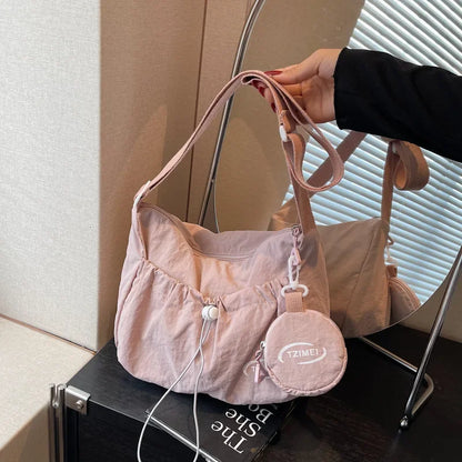 Chic Nylon Crossbody Bag Casual Drawstring Messenger Bag with Detachable Pouch, Adjustable Strap Shoulder Purse for Daily Travel