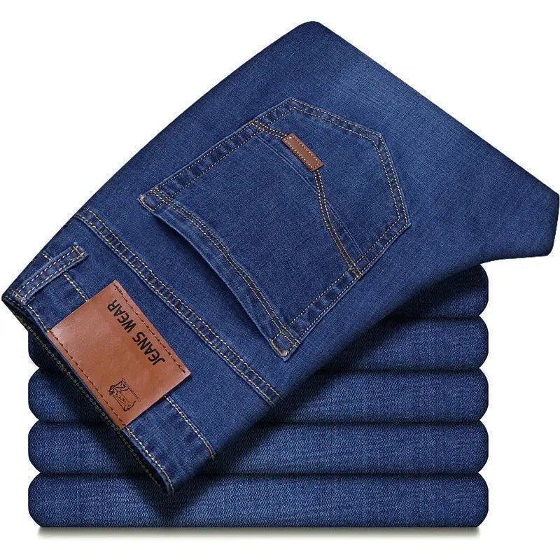 2024 Summer Thin Men's Elastic Cotton Jeans Fashion Gray Comfortable Business Straight Casual Pants High Quality Brand Trousers