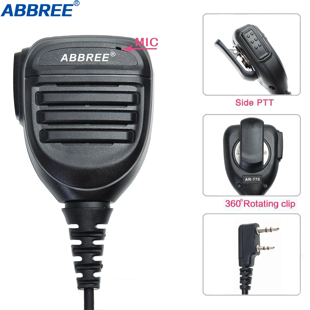 ABBREE AR-770 Walkie Talkie Speaker Microphone K Plug Handheld Mic For Baofeng UV-32 UV-5R Mini QuanSheng UV-K5/K6 Two Way Radio
