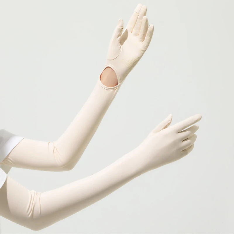 56.5CM Women Summer Ice Silk Sunscreen UV Protection Long Clamshell Gloves Elasticity Antiskid Quick Drying UPF 50+ Adjustable