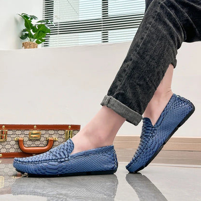 Men White Snake Pattern Loafers Penny Slip On Driving Shoes Casual Business Moccasins Breathable Male Footwear