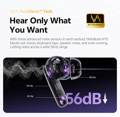 QCY MeloBuds N70 Adaptacyjne ANC Bezprzewodowe słuchawki douszne Bluetooth 6.0 LDAC Hi-Res Audio 6 mikrofonów Ładowanie bezprzewodowe Słuchawki 50 godzin IPX5