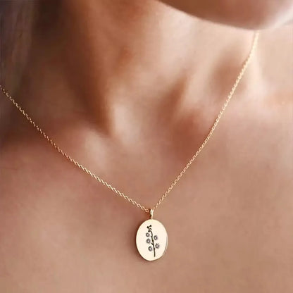 Vintage Birth Month Flower Necklace for Women Stainless Steel Geometric Floral Oval Pendant Clavicle Chain Mothers Day Jewerly