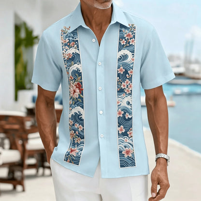Men's Light Blue Geometric Ethnic Pattern Short Sleeve Shirt, Retro Bohemian Design, Casual Spring Summer Wear