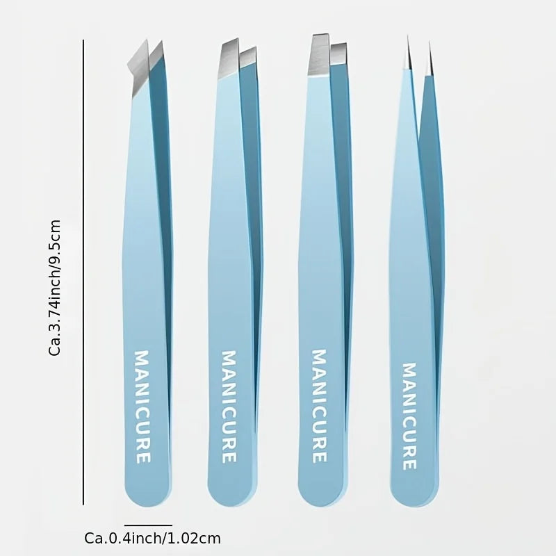 Eyebrow Tweezers 4 Pcs Set & Fine Hair Puller Stainless Steel Slanted Tips Non-Slip Grip Handle Precision Brow Trimmer