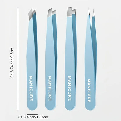 Eyebrow Tweezers 4 Pcs Set & Fine Hair Puller Stainless Steel Slanted Tips Non-Slip Grip Handle Precision Brow Trimmer
