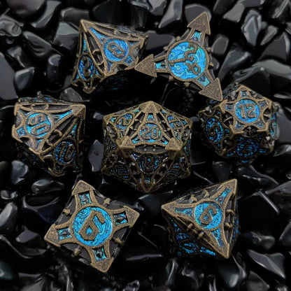 7 Pcs Cosplay D4-D20 DND Brass Gold Polyhedral Sharp Edge Casino Dice Rpg Table Board Game Tray Gem Stone Dragon Metal Steel Set