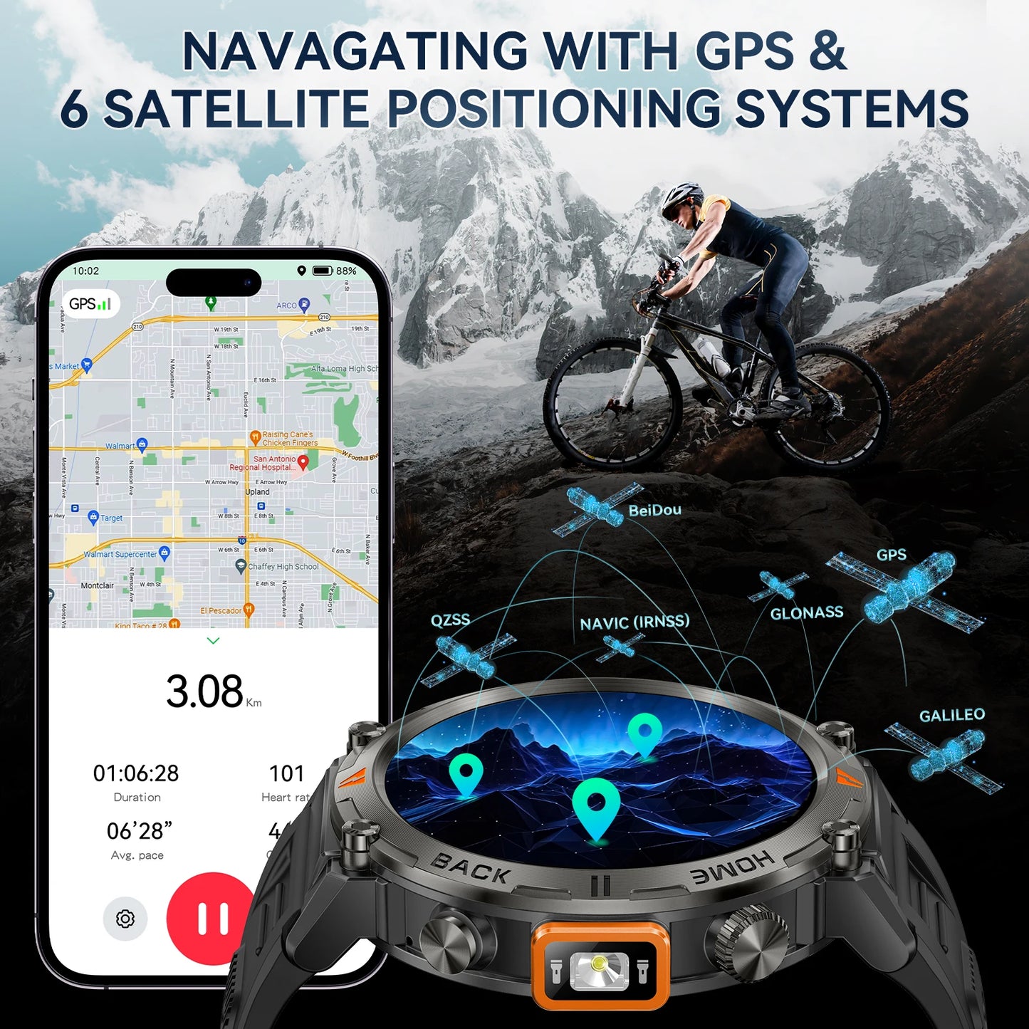 EIGIIS KE3Pro Original Smart Watch for Men with LED Flashlightwith Heart Rate Sleep fitness Monitor with GPS Multiple Sport Mode