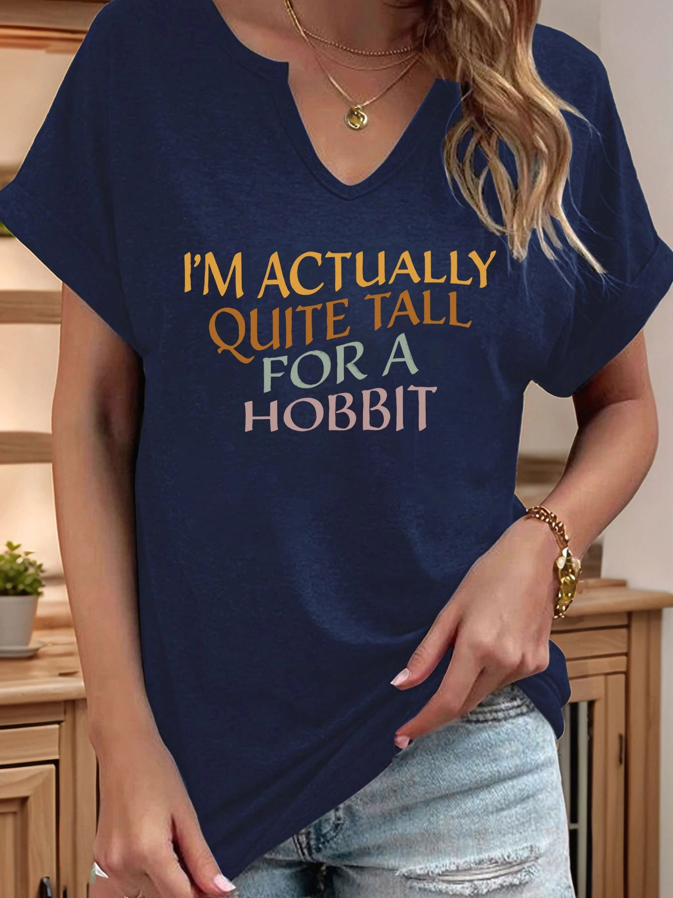 I'm Actually Quite Tall for A Hobbit Letter Print Women T Shirt Short Roll-up Sleeve V-Neck Summer Casual Top T-shirts for Women