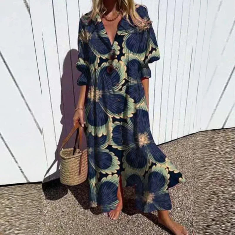 Women's Elegant Plus Size Pleated Short Sleeve V Neck Long Dresses Sweet Style High Waist Printed Dress Female Casual Loose Gown