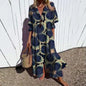 Women's Elegant Plus Size Pleated Short Sleeve V Neck Long Dresses Sweet Style High Waist Printed Dress Female Casual Loose Gown