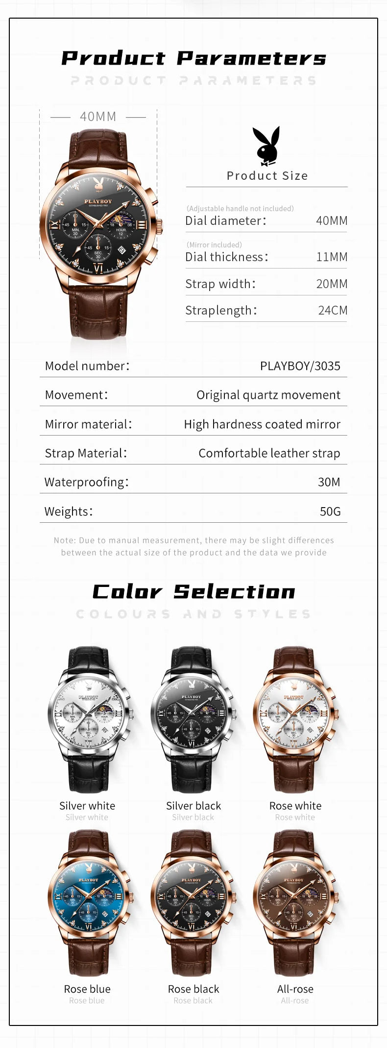 PLAYBOY 3035 Brand original authentic watches for man luxury Gift Box fashion Belt chronograph calendar quartz men's watch