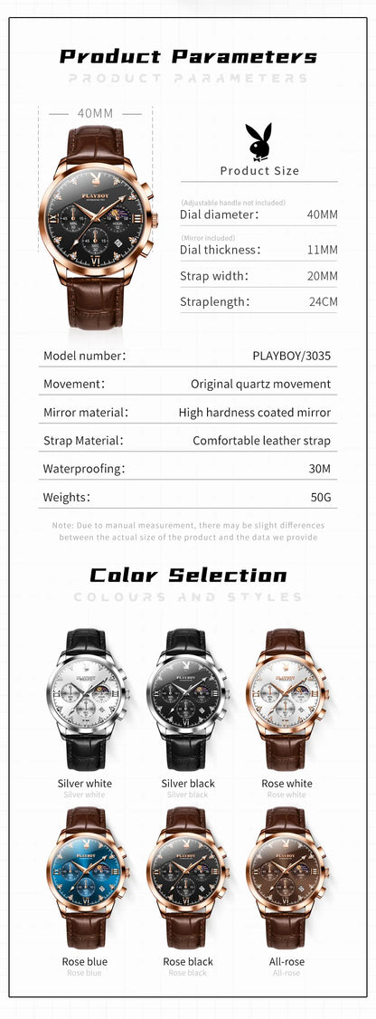 PLAYBOY 3035 Brand original authentic watches for man luxury Gift Box fashion Belt chronograph calendar quartz men's watch