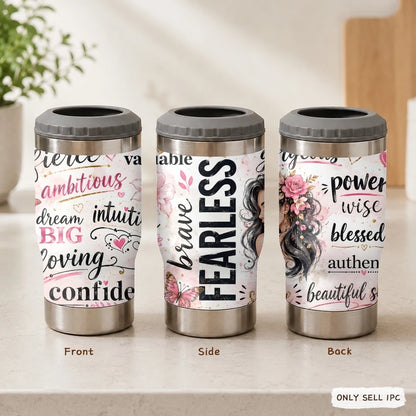 COOL Woman Motivational Vacuum Flasks 4-in-1 Stainless Steel Can Cooler Insulated Beer Soda Coffee Holder Dual Lids Fits 12oz