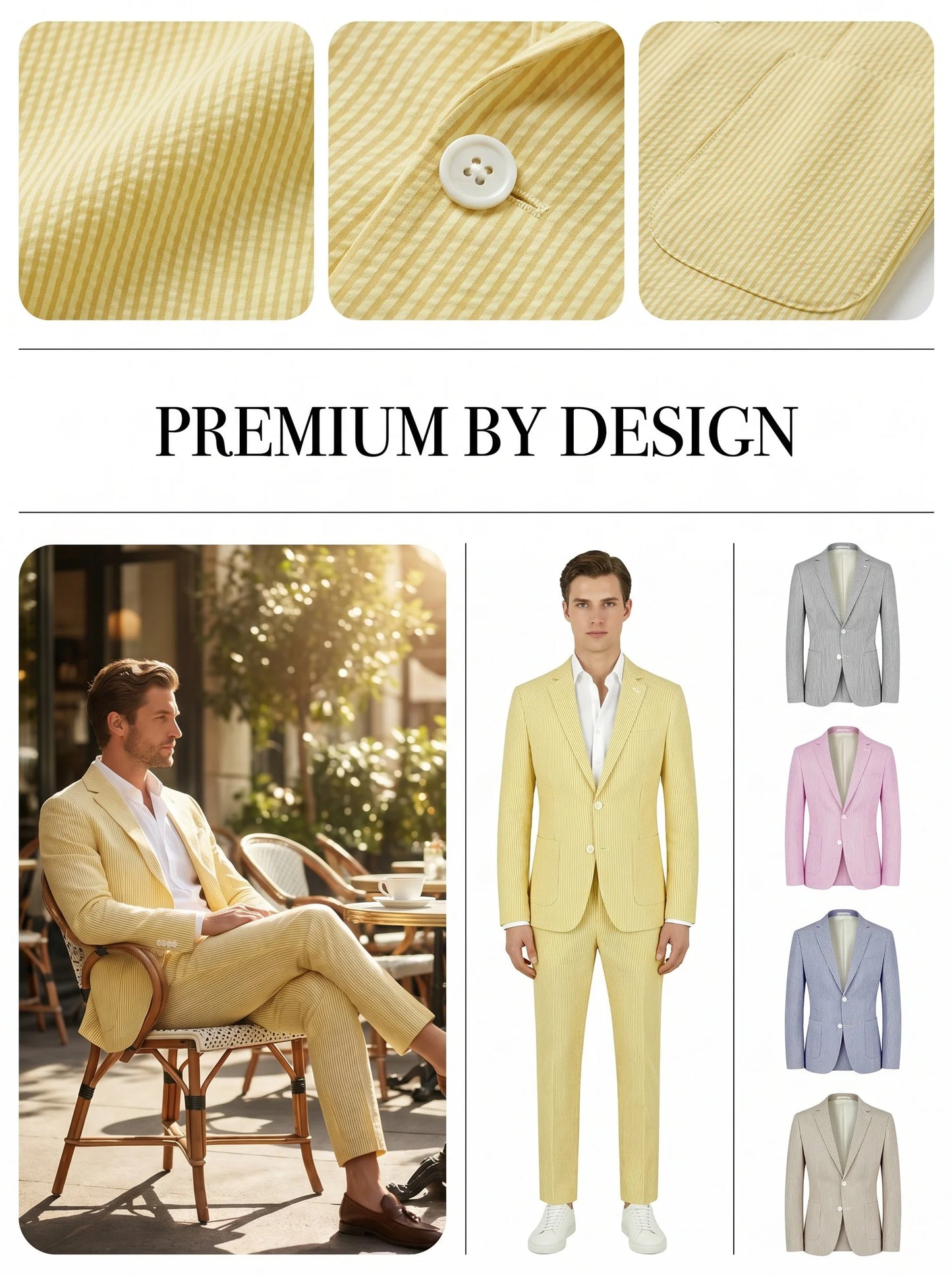 Men Summer Striped Seersucker 2 Piece Suit Wrinkle Free Light Blazer Trousers All Match Gentleman Daily Outfit