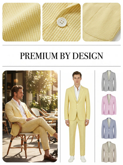 Men Summer Striped Seersucker 2 Piece Suit Wrinkle Free Light Blazer Trousers All Match Gentleman Daily Outfit