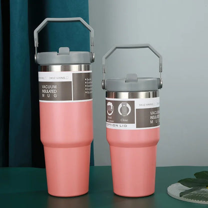 20/30oz Vacuum Insulated Tumbler with Lid: Stainless Steel Portable Cup with Dazzling Tote Handle for Hot & Cold Drinks