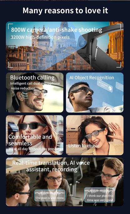 800W Pixel Camera Smart Glasses Photo Video Record BT Call Al Object Recognition Voice Assistant Translation Music Sunglasses