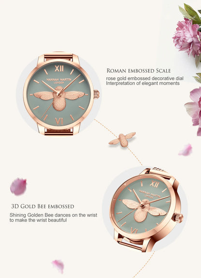 Hannah Martin 2023 New Women Luxury Watch Rose Gold 31mm Classic Casual Girl Dress Watch Bracelet Set 3D Engraved Bee Dial Clock