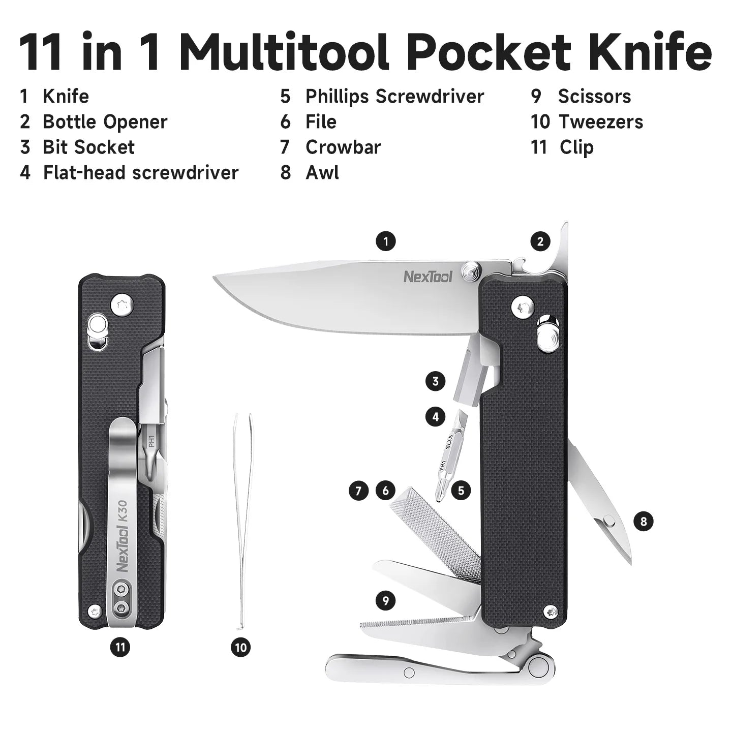 Nextool 11 In 1 Pocket Knife K30 Multi-tool Knight EDC Knife Outdoor Folding Knife Mini Portable Folding Scissor File Hand Tools