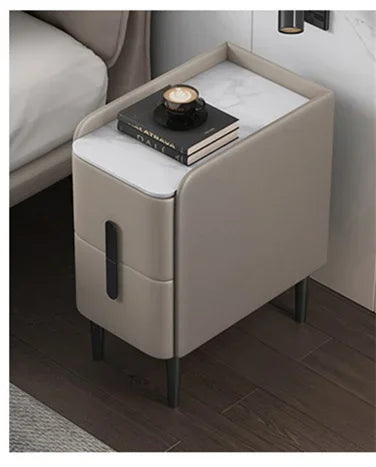 Moder Style Wooden Bedside Table Mini Narrow Leather Bedroom Nightstand Side Storage Cabinet with 2 Drawers Hotel End Table