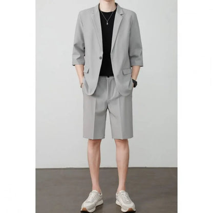 KIDWHXR Summer Men Outfit Thin Breathable Solid Color Male 2-piece Suit Set Loose Business Casual Man Short Sleeve Suits