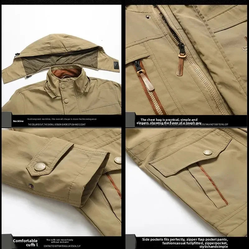 2025 New Men's Sports Jacket Thin Outdoor Quick Dry Loose Multi-Pocket Outerwear Waterproof Windproof Casual Spring Autumn Coat