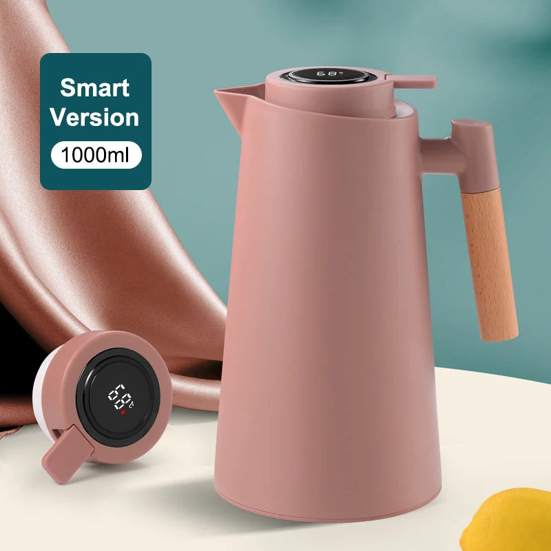1Pc 1000ML Thermos Bottle Nordic Thermos For Hot Water Intelligent Water Heater Kettle Jug Bottle Vacuum Flask Wooden Handle