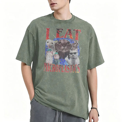 I Eat Microplastics Meme Cats Retro T Shirt 100% Cotton Vintage Washed T-shirt For Men Women