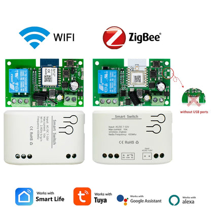 1 Channel Zigbee/WIFI Tuya Smart Relay 12V 24V 110V 220V Dry Contact NO/NC/COM Module Remote Switch for Light/Motor,Alexa Work