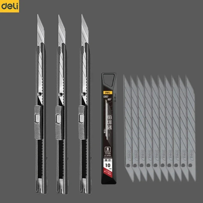 Deli Retractable Office Use Utility Knife High Carton Steel 9mm 30 Degree Blade Box Cutter Self-Locking Design Cutting Knives
