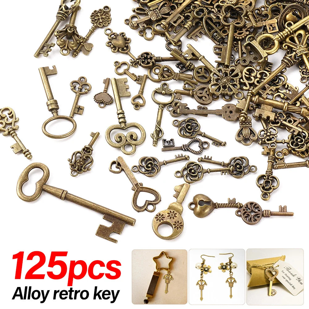 125Pcs Vintage Antique Bronze Plated Metal Love Heart Key Charms Pendant DIY Jewelry Making Findings Accessories Craft