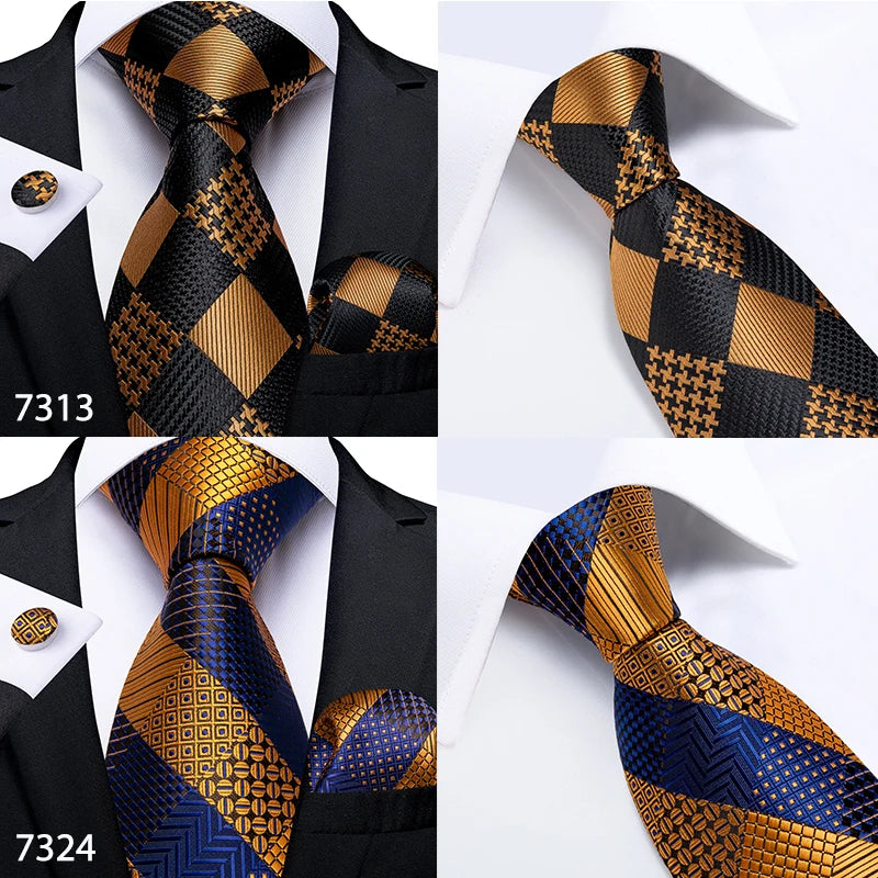 Fashion Men Tie Luxury Gold Black Dot Striped Paisley Silk Wedding Tie For Men DiBanGu Designer Hanky Cufflinks Gift Tie Set