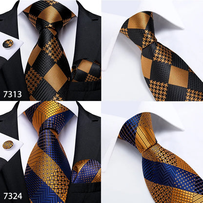 Fashion Men Tie Luxury Gold Black Dot Striped Paisley Silk Wedding Tie For Men DiBanGu Designer Hanky Cufflinks Gift Tie Set