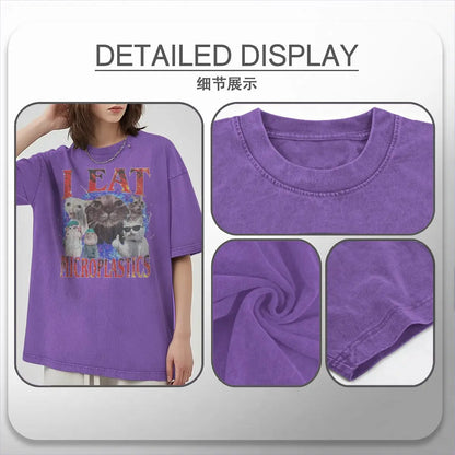 I Eat Microplastics Meme Cats Retro T Shirt 100% Cotton Vintage Washed T-shirt For Men Women