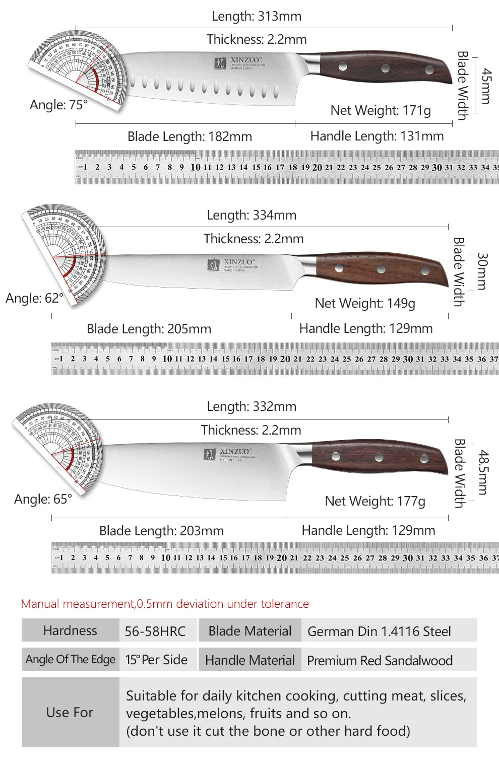 XINZUO 1-5PCS High Quality 3.5+5+8+8+8"  Paring Utility Cleaver Chef Knife Germany 1.4116 Stainless Steel Kitchen Knife Sets