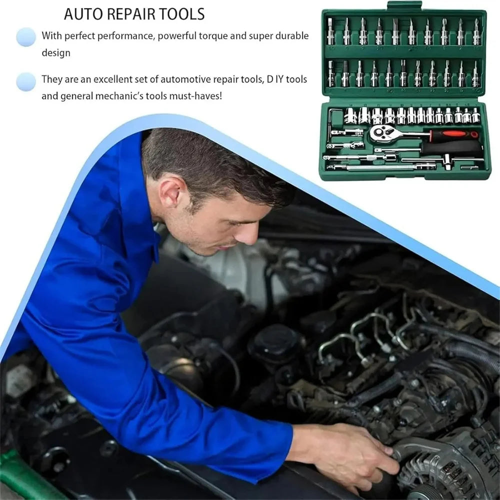 46pcs Socket Set Auto Repair Multi-functional 1/4 Inch Drive Socket Ratchet Wrench Set Round Edge Drive Socket Motorcycle Repair