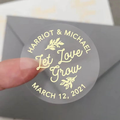 50pcs Custom Transparent Wedding Stickers, Square Transparent Stickers, Personalized Wedding Stickers with Gold Foil Labels