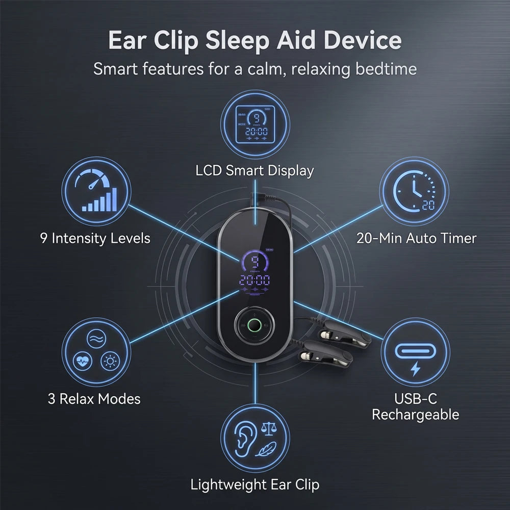 Microcurrent Sleep Aid Device Ear Clip CES 9 Levels 3 Modes Rechargeable Portable Relax Calm for Deep Sleep