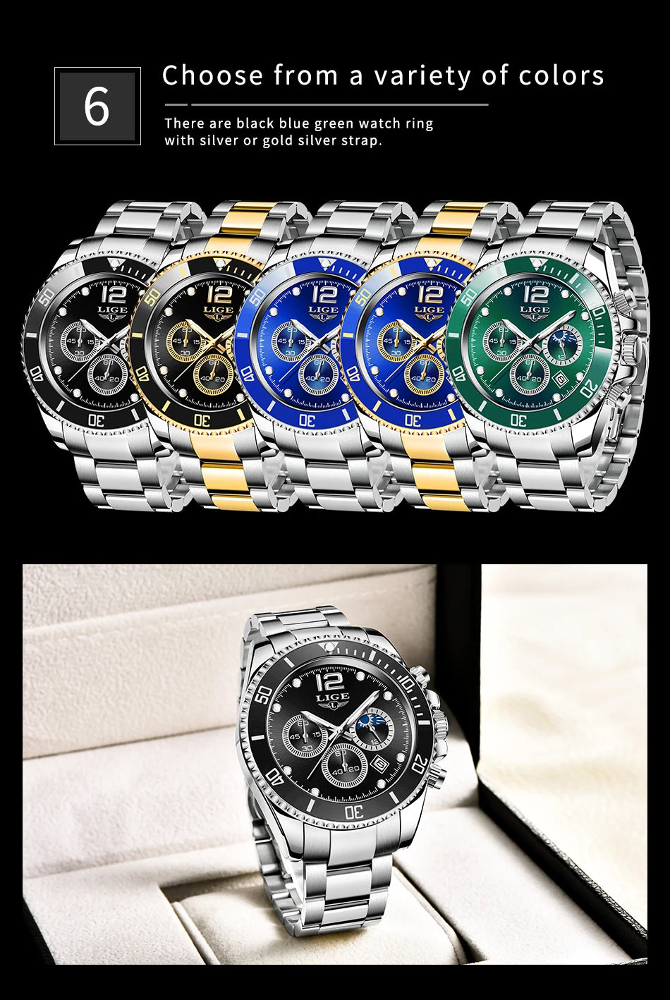 LIGE Outdoor Sport Watch For Men Fashion Military Waterproof Luminous Men Watch Round Stainless Steel Quartz Chronograph Male