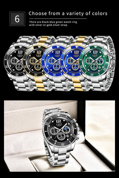 LIGE Outdoor Sport Watch For Men Fashion Military Waterproof Luminous Men Watch Round Stainless Steel Quartz Chronograph Male