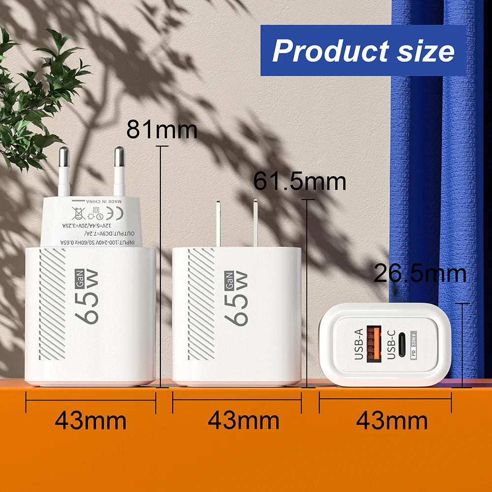65W GaN Fast Charging USB Type-C Charger US EU Plug USB PD Quick Charge 3.0 Travel Wall Phone Charger Adapter For iPhone Samsung
