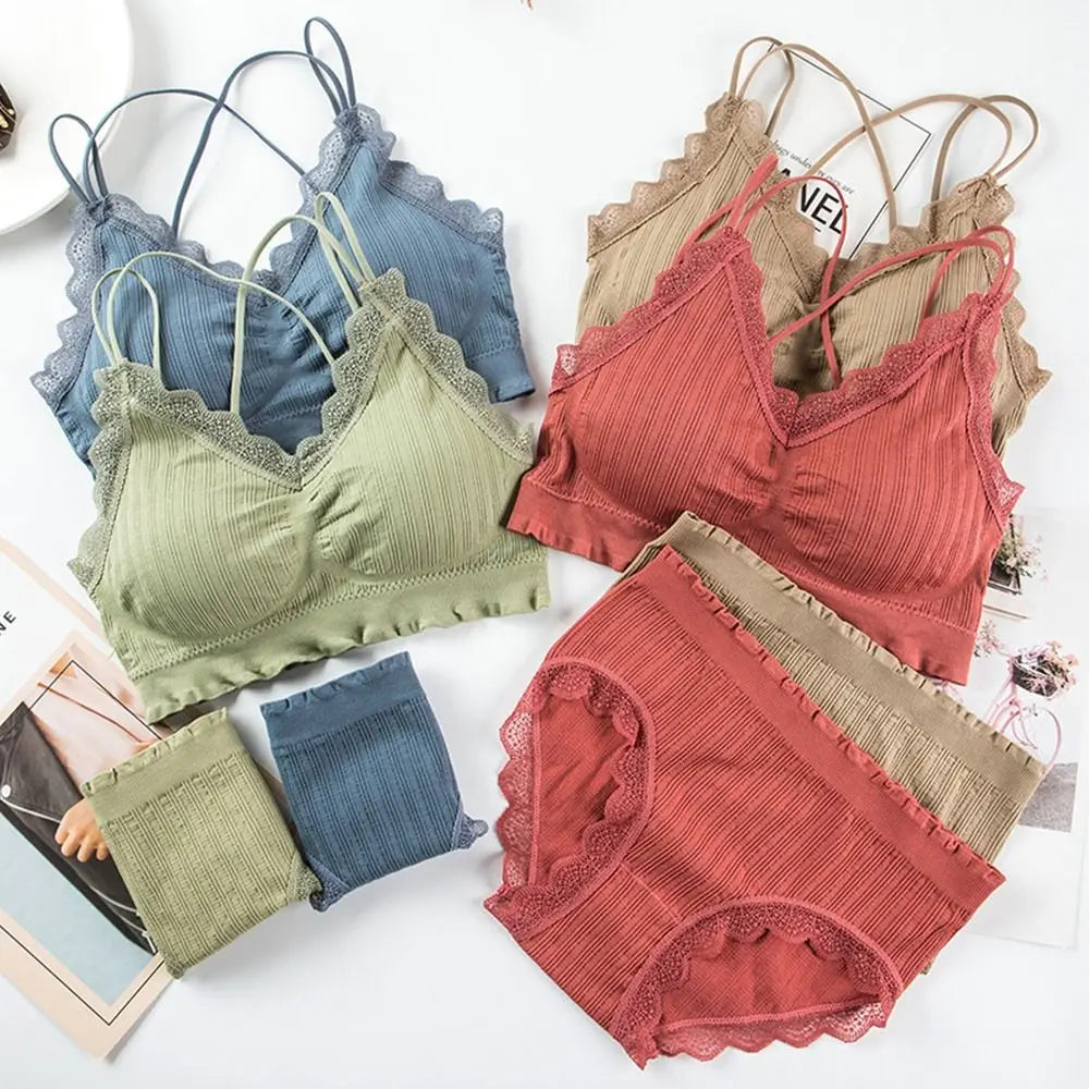 1Set Casual Lace Women Seamless Bra Set V-Neck Breathable Underwear Set Comfortable with Bra Pads Lingerie Set