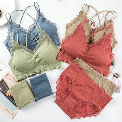 1Set Casual Lace Women Seamless Bra Set V-Neck Breathable Underwear Set Comfortable with Bra Pads Lingerie Set