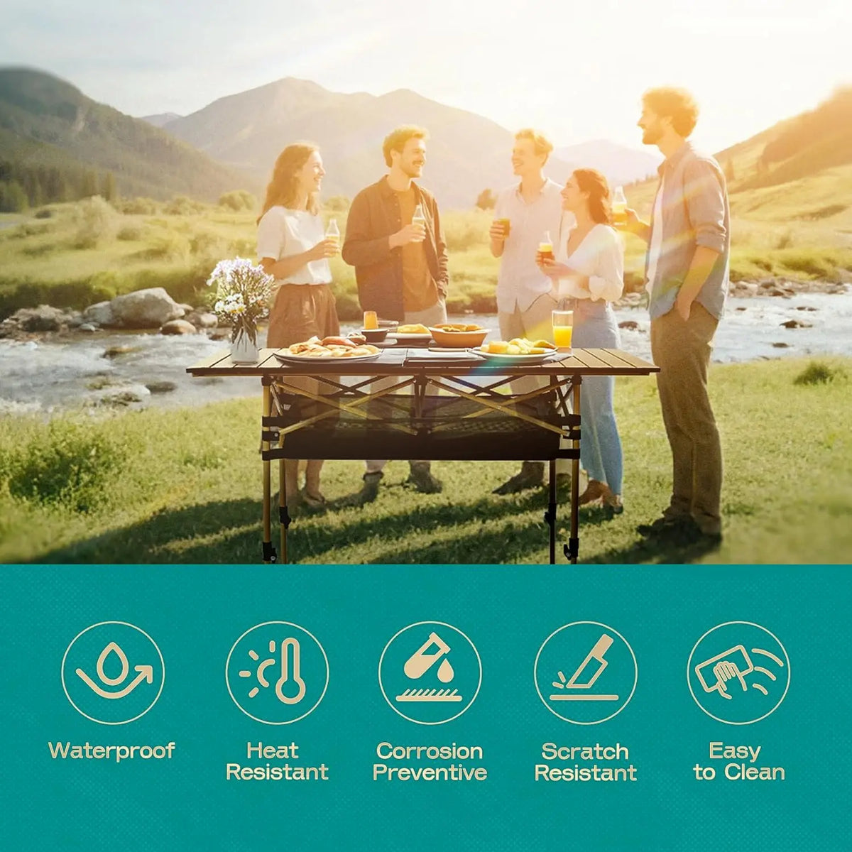 Height Adjustable Camping Table Tall Large Outdoor Folding Camping Table With Wide Base Anti-Sink Legs&Carry Bag For BBQ Beach