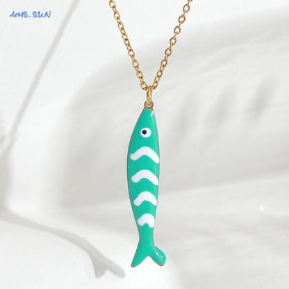 Cute Colorful Enamel Fish Pendant Necklaces For Women Girls Lovely Stainless Steel Gold Color Summer Waterproof Beach Jewelry