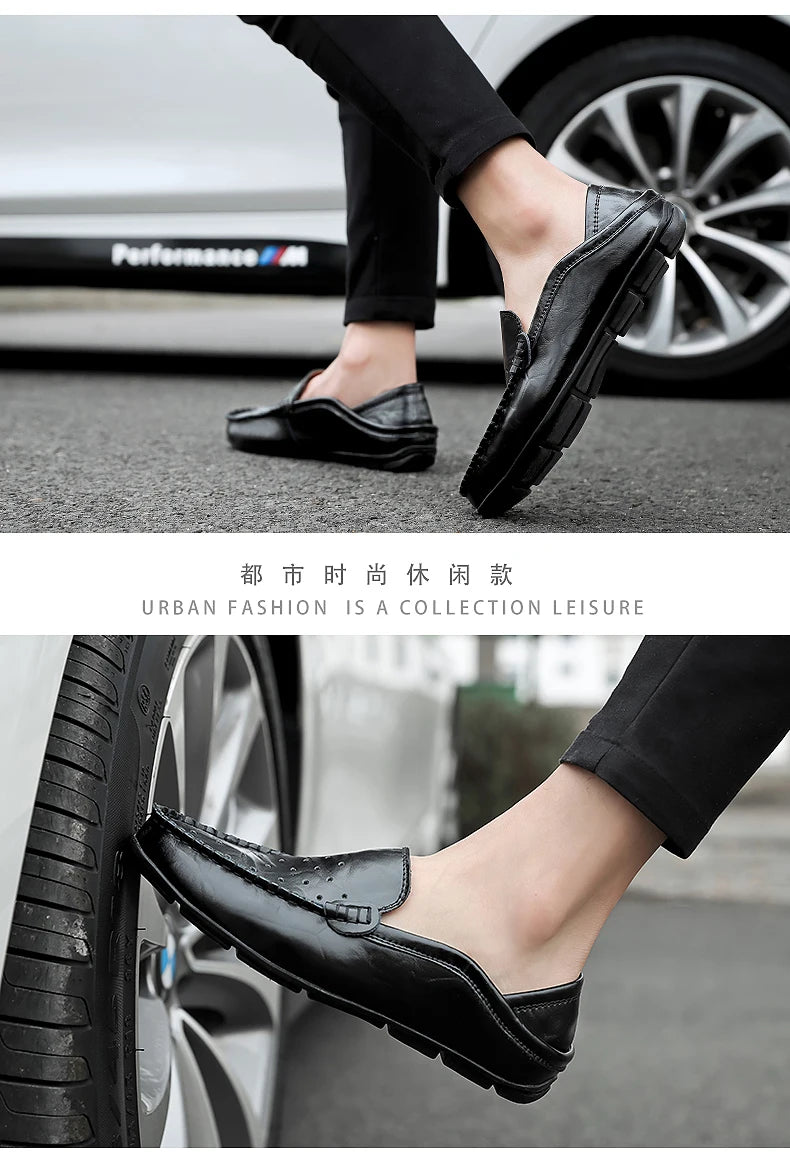 Men's Driving Shoes Large Size Loafers Hollow out Casual Bean Bean Shoes Leather Slip-On Footwear for Men